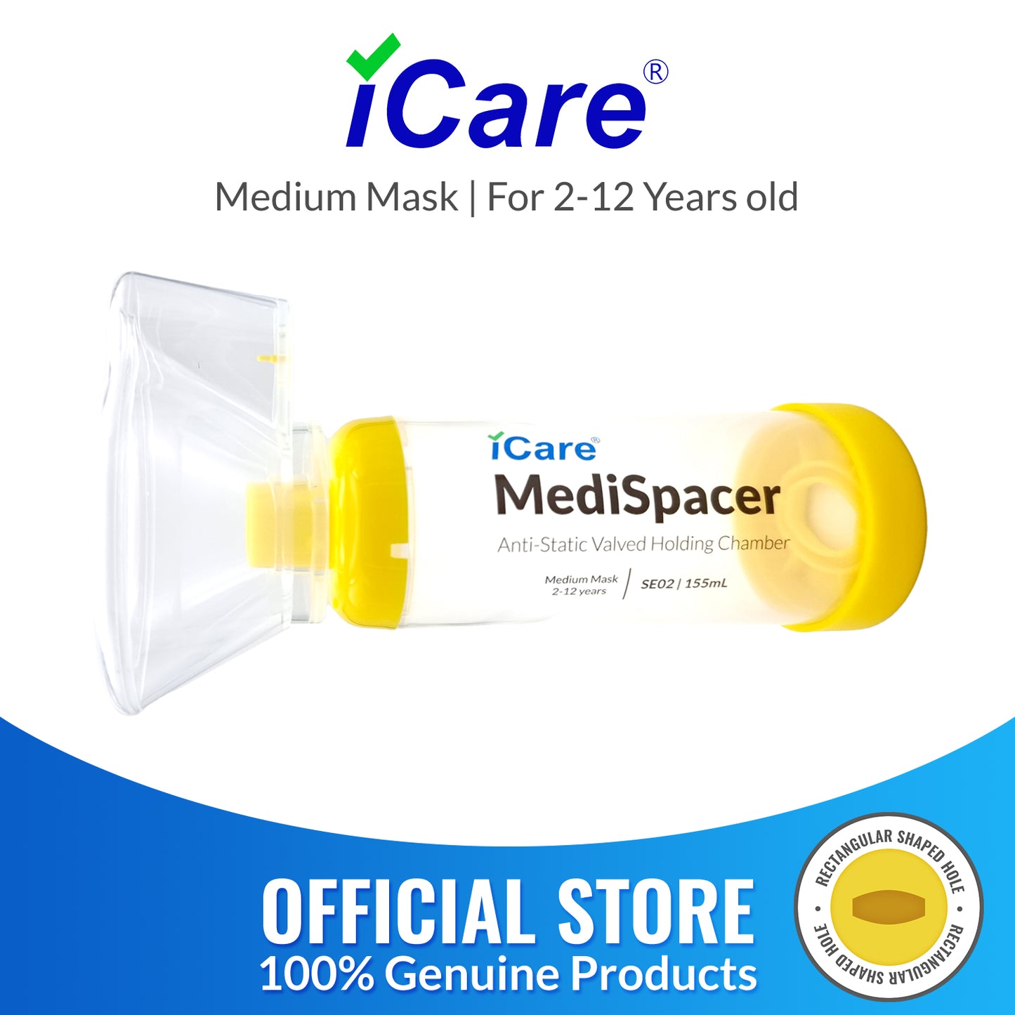 iCare® SE02 MediSpacer Chamber Spacer (NO INHALER INCLUDED) for Kids with Medium Mask, Sealed Package, Clean and Safe, for with your Asthma Inhaler, Ventolin via Chamber Spacer