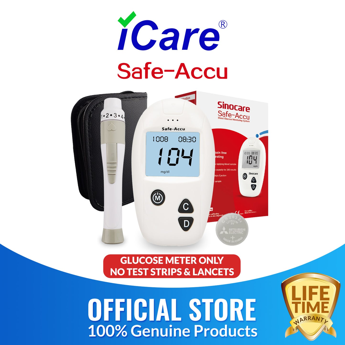iCare SR01 Blood Glucose Meter (1 Blood Glucose Monitor + 1 Lancing Device + Carrying Case + Lithium Coin Cell Battery ) for Diabetic people, Safe-Accu Sugar Meter, Sinocare Blood Glucose Meter SA