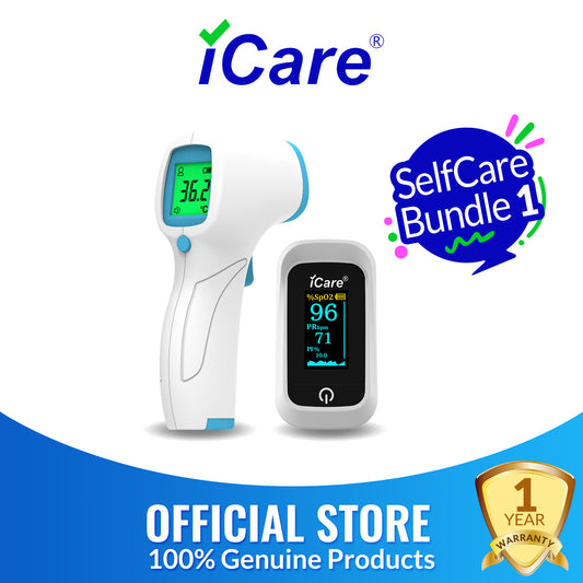 iCare® SelfCare Bundle 1- OX001 Fingertip Pulse Oximeter + E69 Forehead Infrared Thermometer