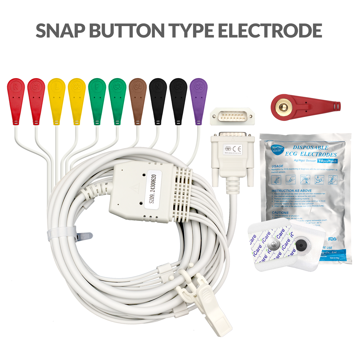 iCare® ECG Cables(Snap Button Type) with 1pack ECG Electrode Pads ...