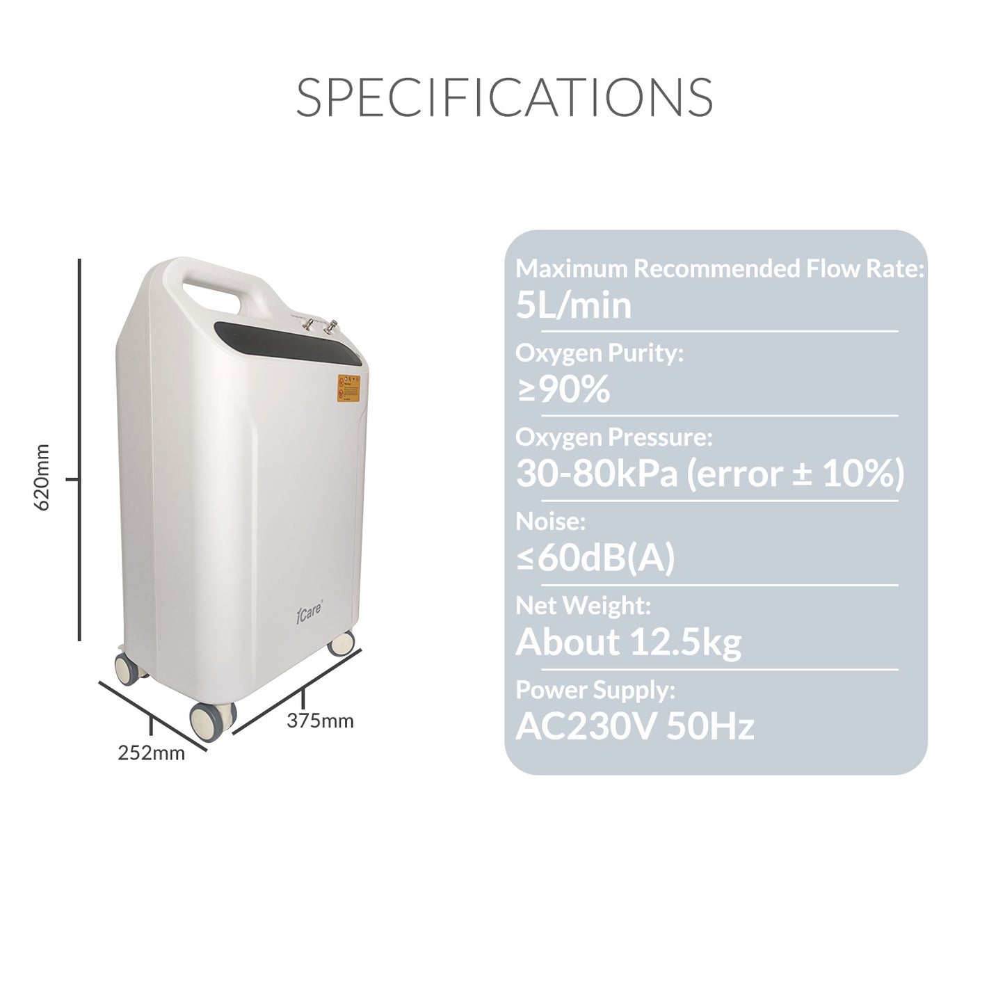 iCare LL51 Oxygen Concentrator with Atomizer up to 96% Oxygen Purity, 5L/min Flow Rate