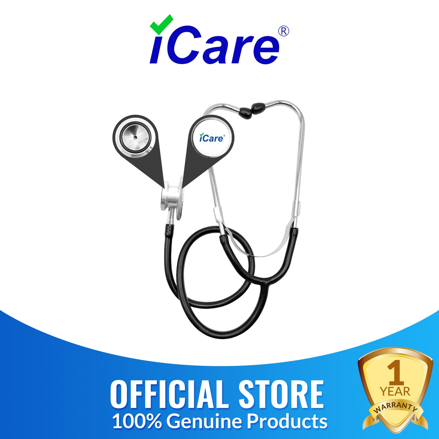 iCare AN04 Dual head Aluminum Stethoscope With Diaphragm, Bell, Soft Ear Buds and Flexible Tubing