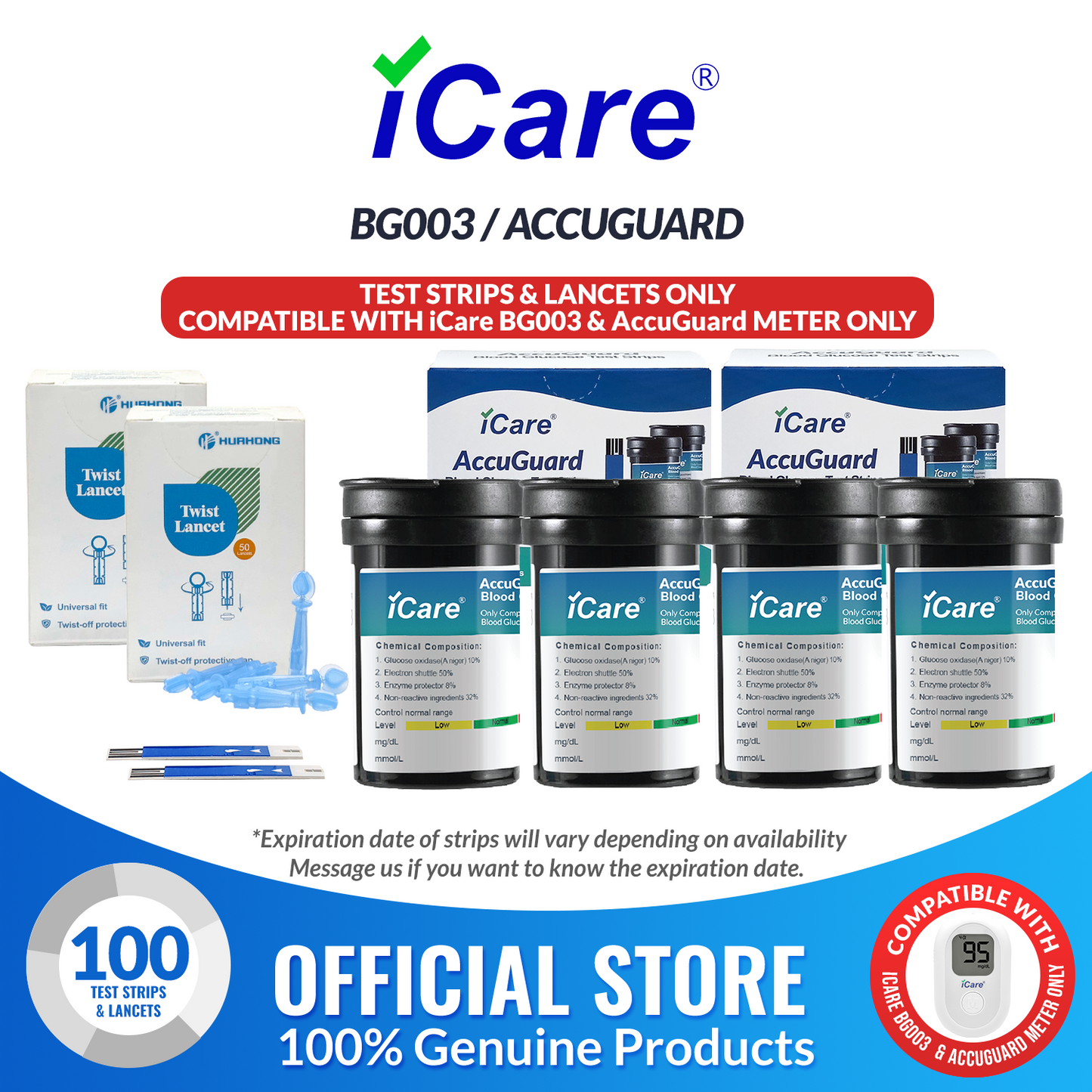 iCare AG-T100 100pcs Test Strips & 100pcs Lancets Compatible with BG003 and AccuGuard Blood Glucose Meter ONLY