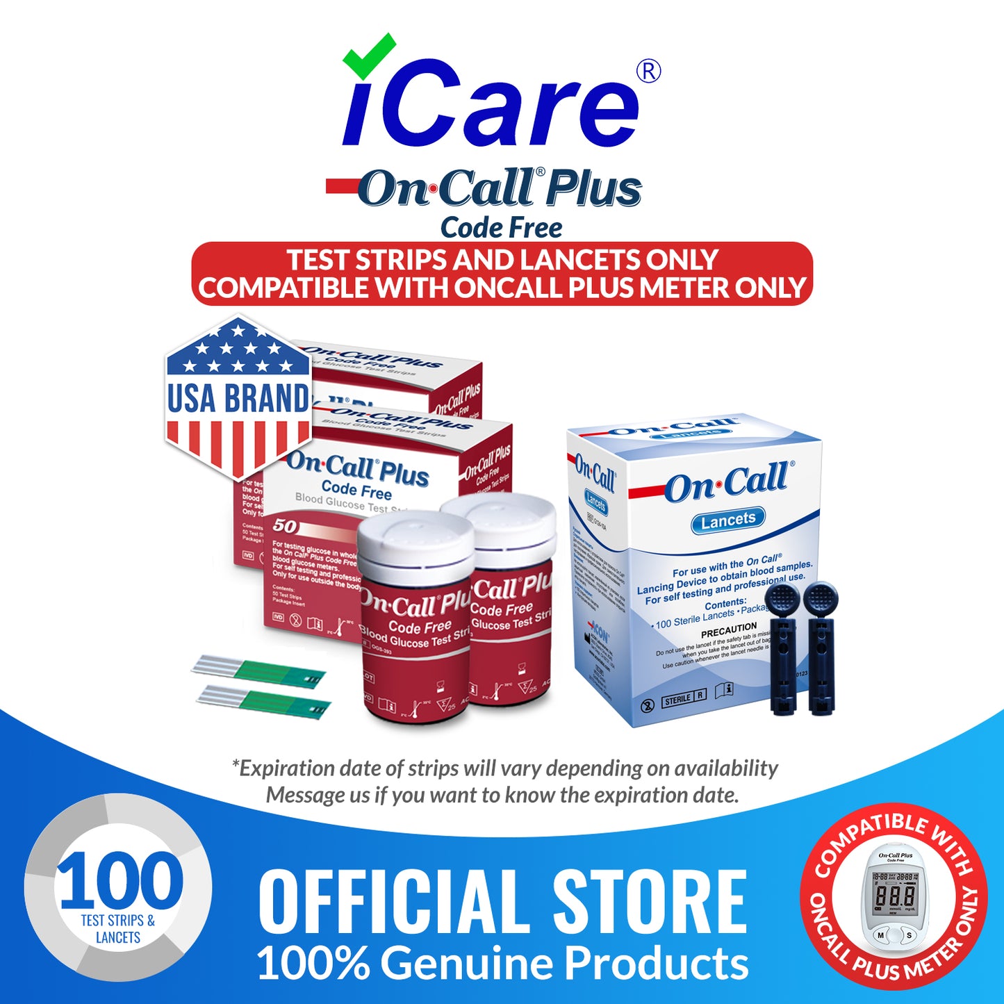 iCare® On Call Plus Code Free Test Strips and Lancets ONLY COMPATIBLE WITH On Call Plus (Code-Free) GLUCOSE METER SA