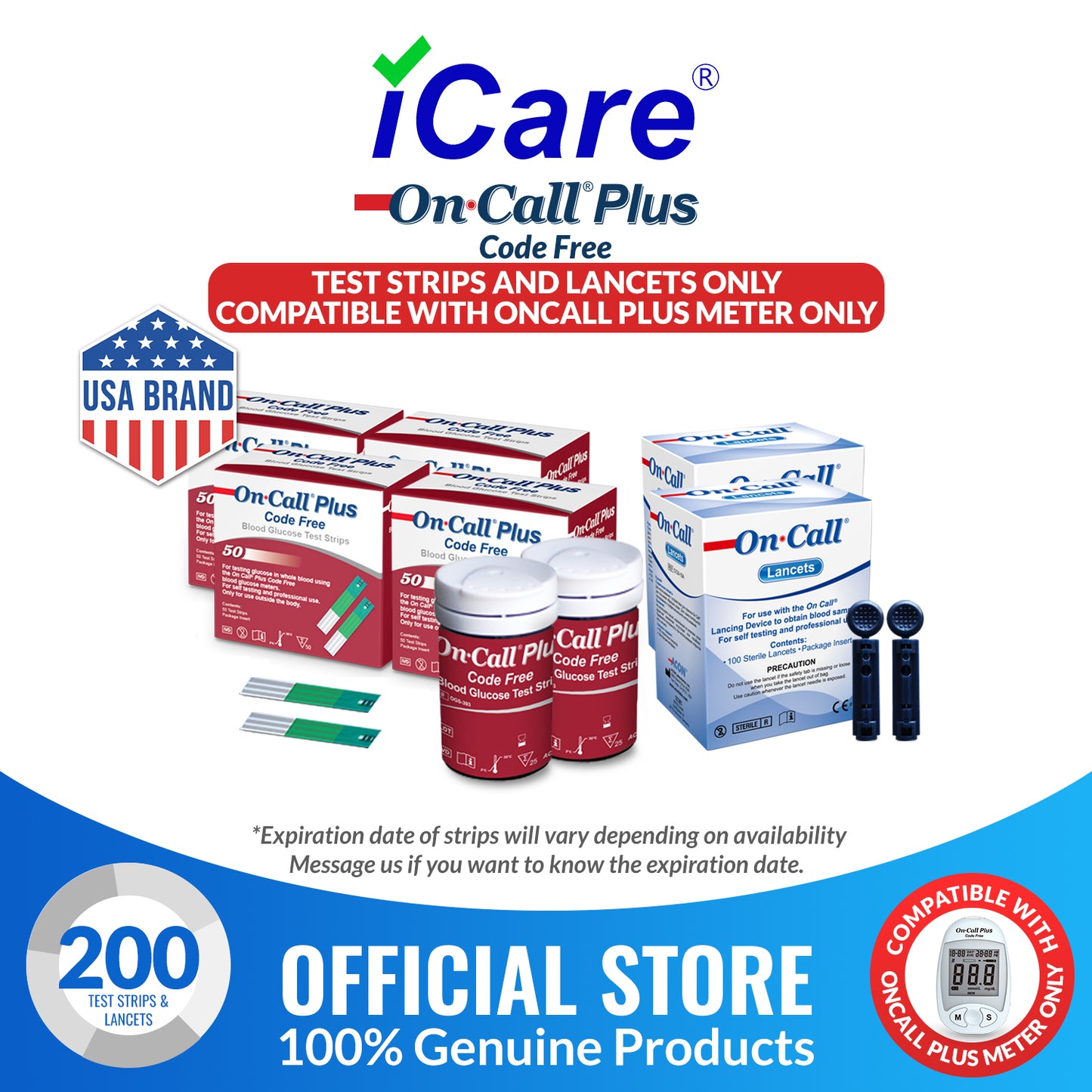 iCare® On Call Plus Code Free Test Strips and Lancets ONLY COMPATIBLE WITH On Call Plus (Code-Free) GLUCOSE METER SA