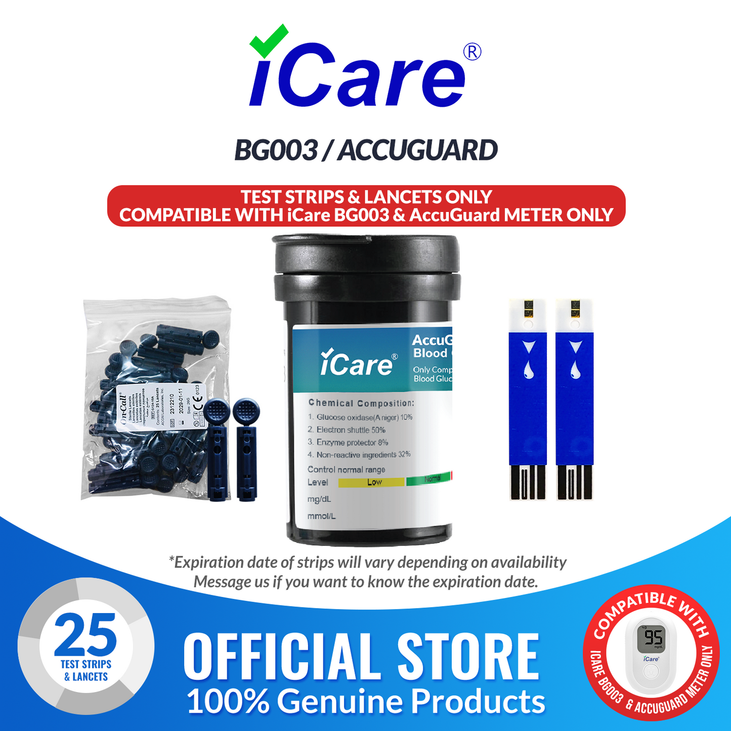 iCare AG-T25 25pcs Blood Glucose Test Strips & 25pcs Lancets for BG003 and AccuGuard Blood Glucose Meter