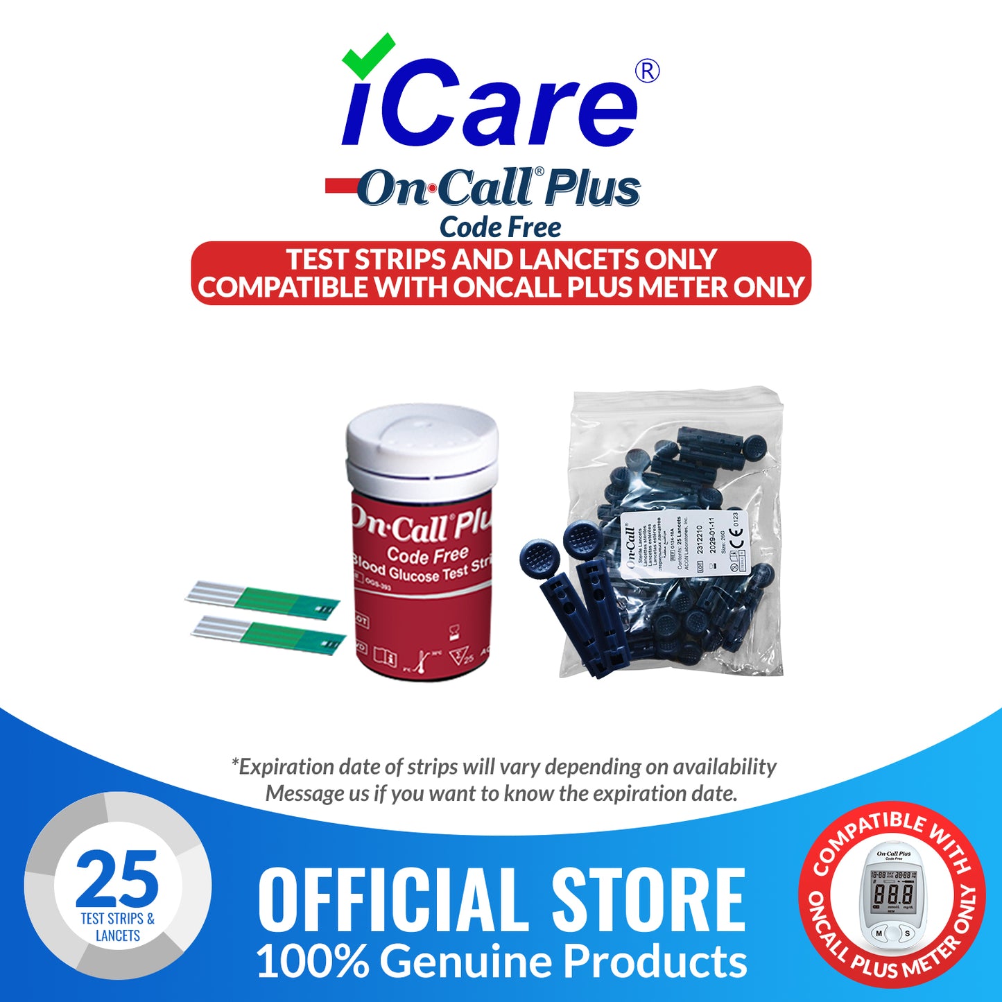 iCare® On Call Plus Code Free Test Strips and Lancets ONLY COMPATIBLE WITH On Call Plus (Code-Free) GLUCOSE METER SA