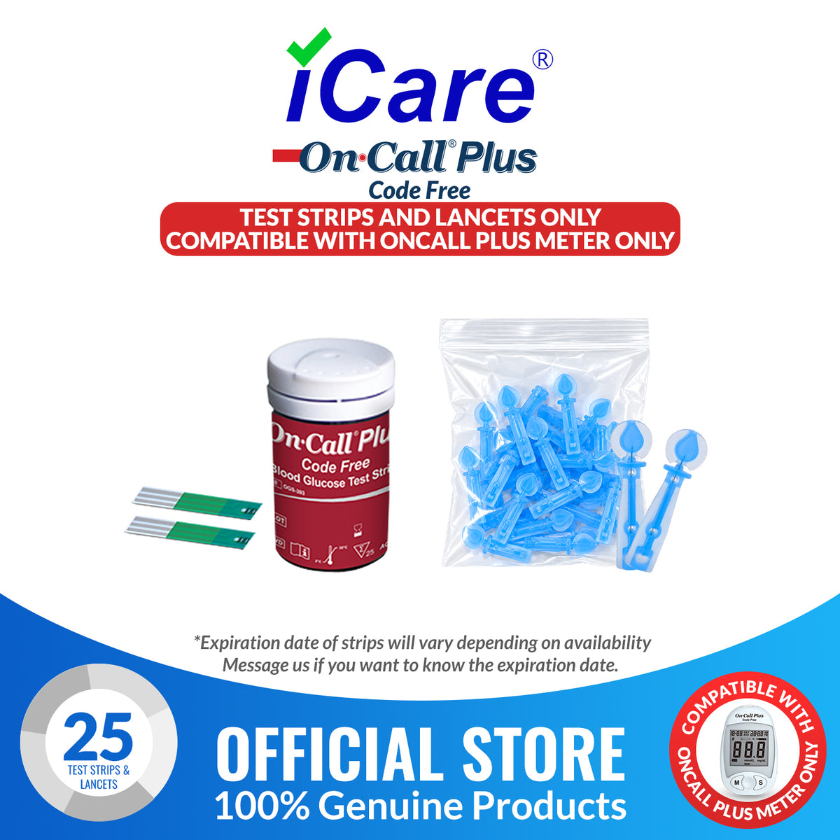 iCare® On Call Plus Code Free Test Strips and Lancets ONLY COMPATIBLE WITH On Call Plus (Code-Free) GLUCOSE METER SA