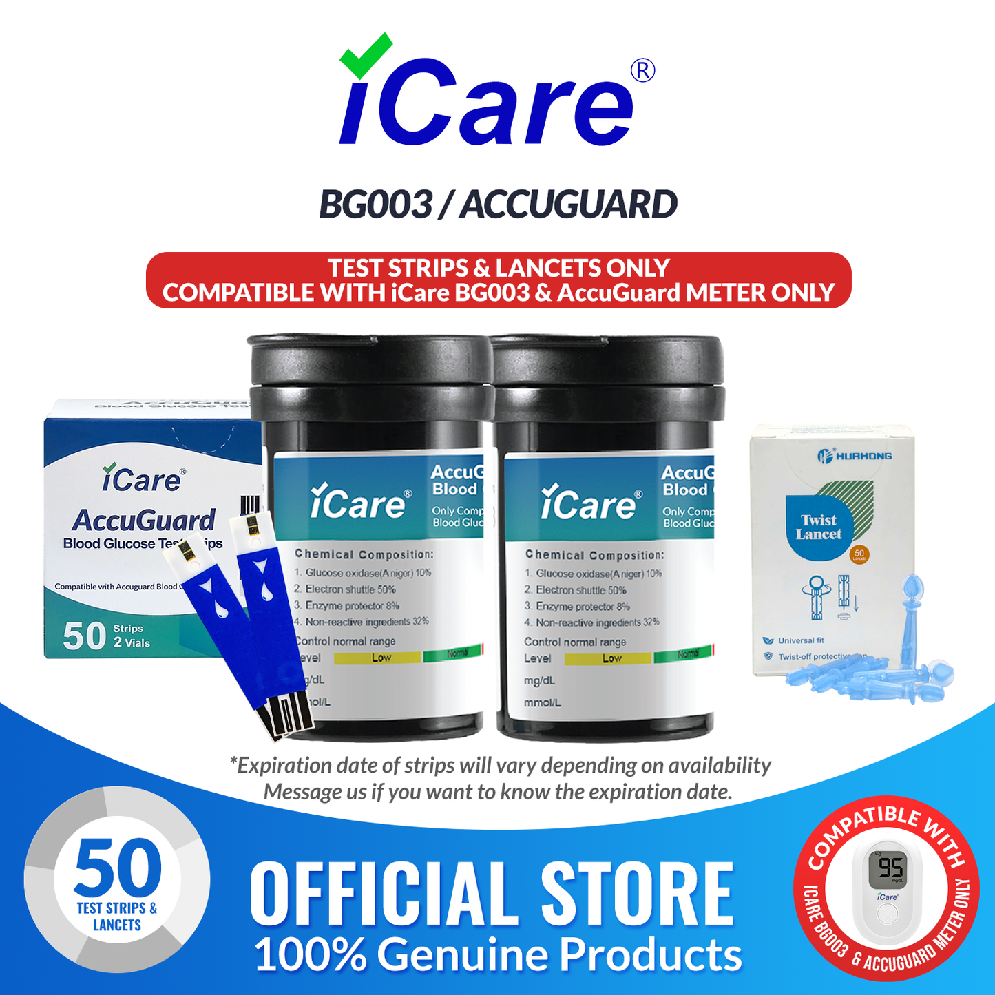 iCare AG-T50 50pcs Test Strips & 50pcs Lancets Compatible with  BG003 and AccuGuard Blood Glucose Meter ONLY