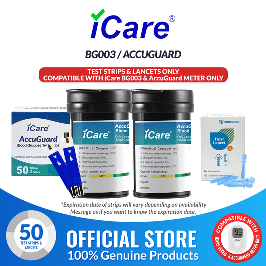 iCare AG-T50 50pcs Test Strips & 50pcs Lancets Compatible with  BG003 and AccuGuard Blood Glucose Meter ONLY