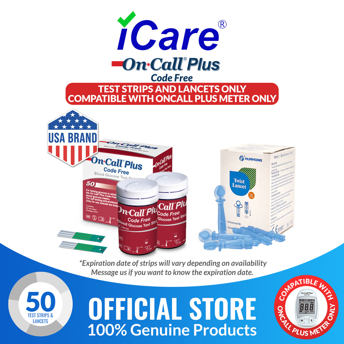 iCare® On Call Plus Code Free Test Strips and Lancets ONLY COMPATIBLE WITH On Call Plus (Code-Free) GLUCOSE METER SA