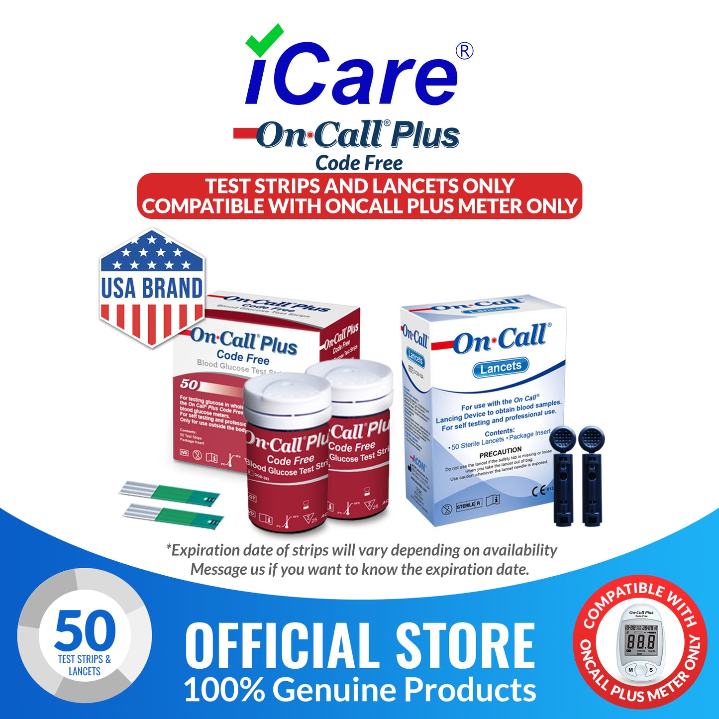 iCare® On Call Plus Code Free Test Strips and Lancets ONLY COMPATIBLE WITH On Call Plus (Code-Free) GLUCOSE METER SA