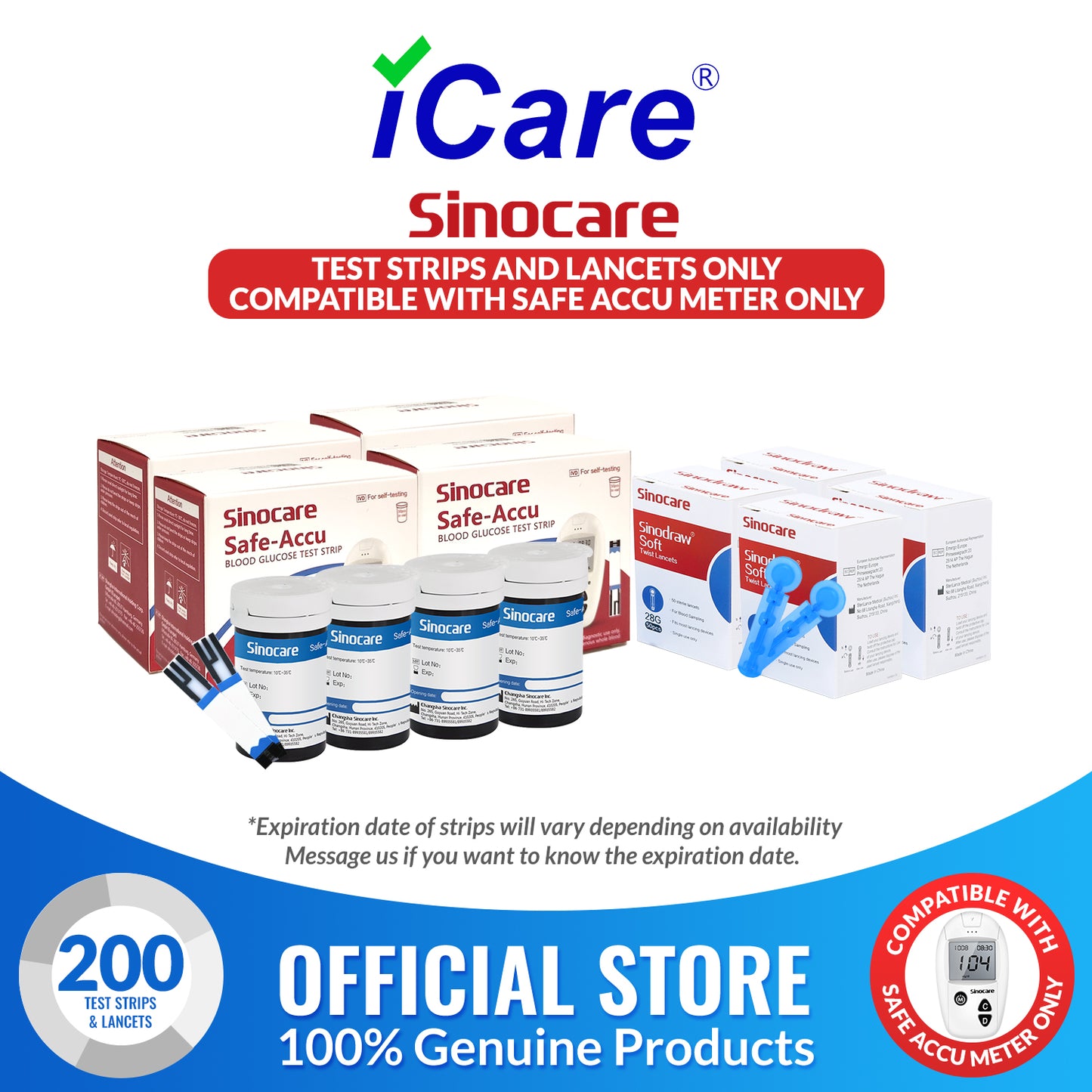 iCare® Safe Accu Glucose Test Strips & Lancets COMPATIBLE WITH SAFE ACCU GLUCOSE METER ONLY