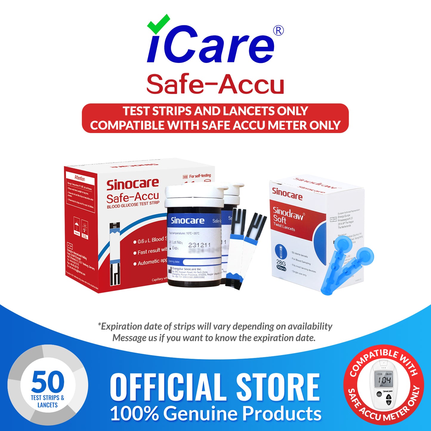 iCare® Safe Accu Glucose Test Strips & Lancets COMPATIBLE WITH SAFE ACCU GLUCOSE METER ONLY