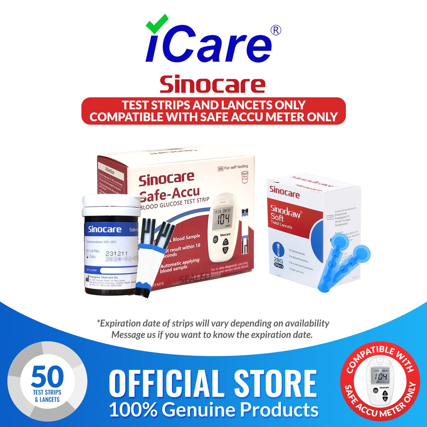 iCare® Safe Accu Glucose Test Strips & Lancets COMPATIBLE WITH SAFE ACCU GLUCOSE METER ONLY