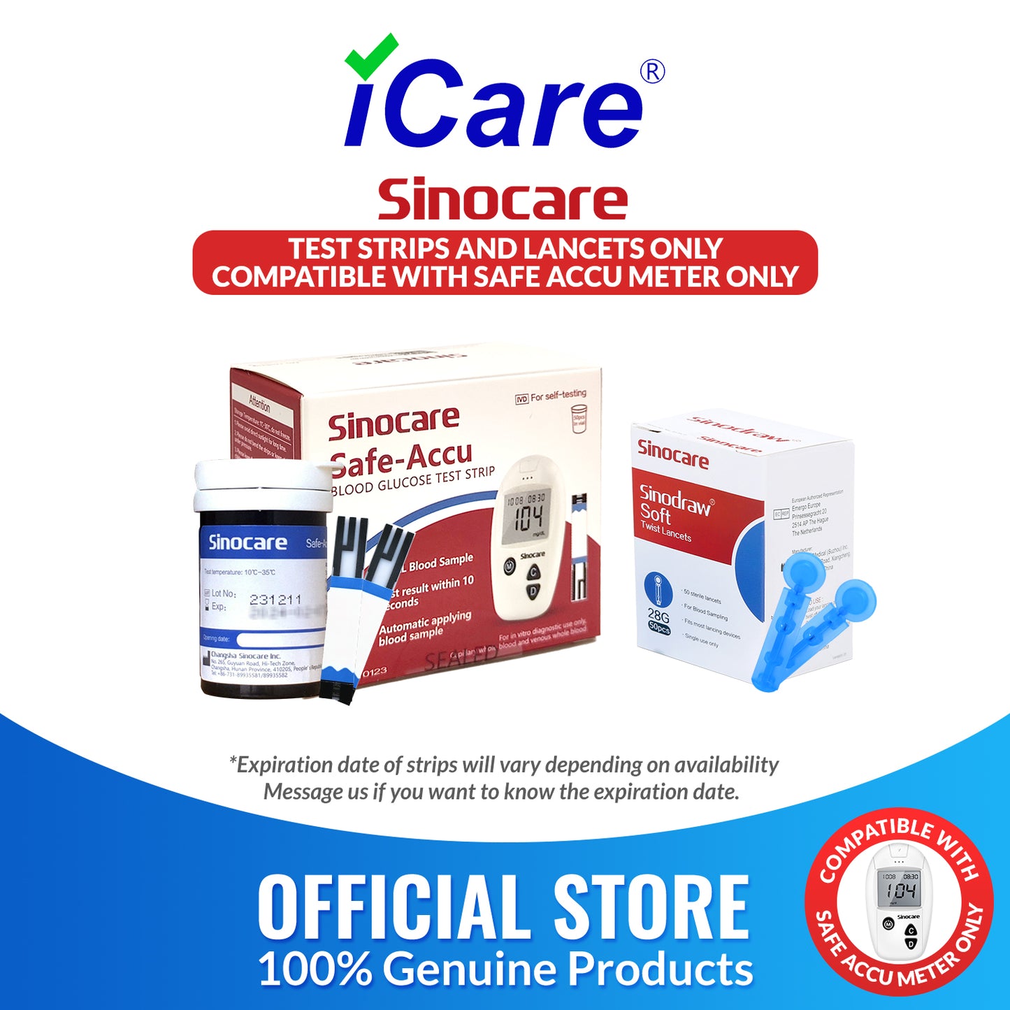 iCare® Safe Accu Glucose Test Strips & Lancets COMPATIBLE WITH SAFE ACCU GLUCOSE METER ONLY