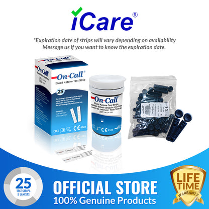 iCare® Ketone-T25 On Call Blood Ketone Strips 25pcs+Lancet25pc USE WITH On Call GK Glucose & Ketone Meter ONLY