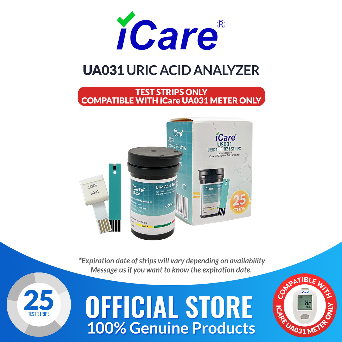 iCare U-A25 Uric Acid Test Strips for iCare U01 Uric Acid Analyzer 25pcs Test Strips ONLY