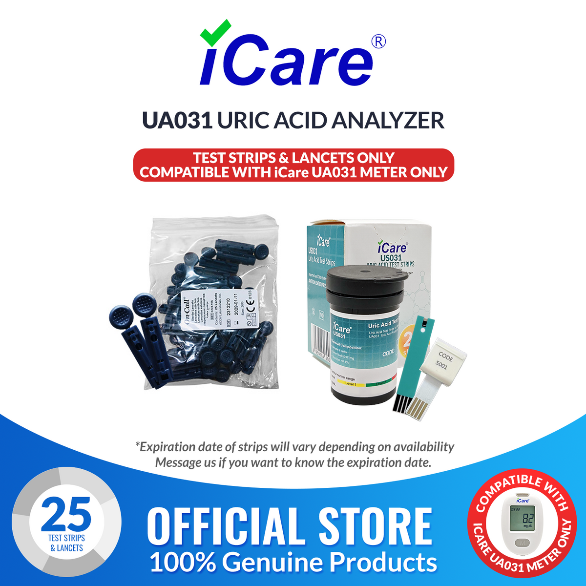 iCare U-T25 Uric Acid Test Strips 25pcs with Lancets 25pcs for iCare U01 Uric Acid Analyzer Test Strips & Lancets ONLY