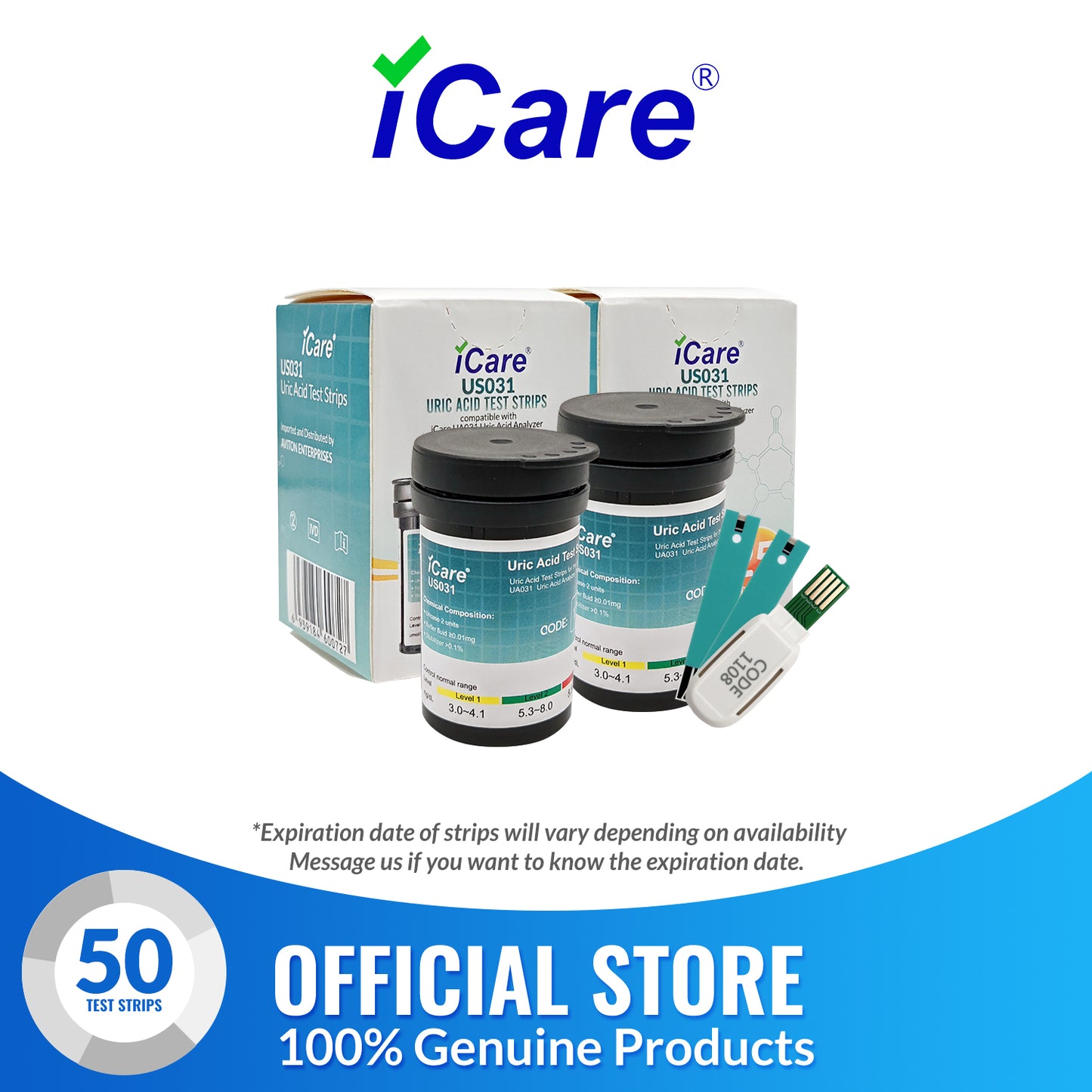 iCare Uric Acid Test Strips for iCare UA031 Uric Acid Analyzer 50pcs Test Strips ONLY