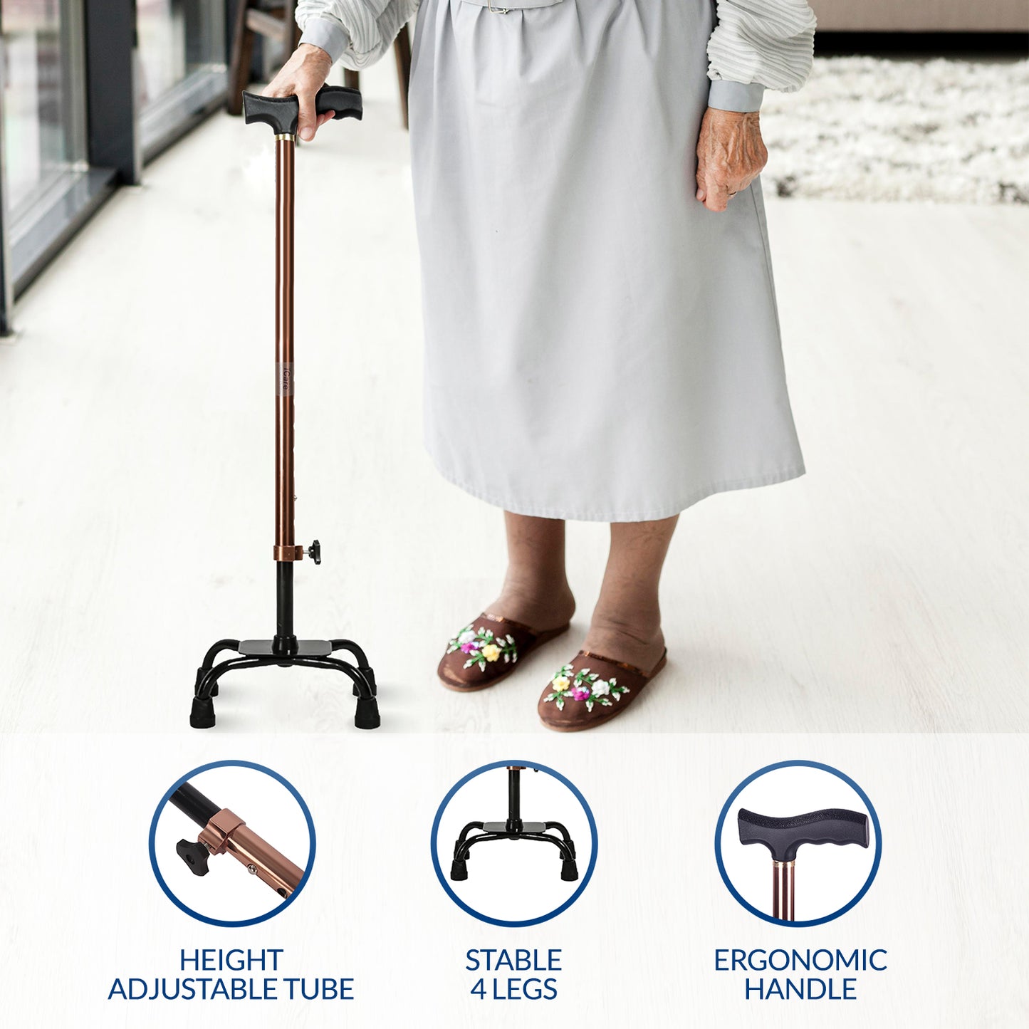 iCare® WS010 QuadPro with 4 Legs, Height Adjustable Tube, Ergonomic Handle and Anti-Slip Tips for Disabled and Elderly.