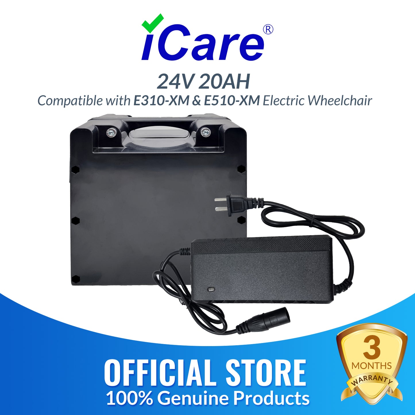 iCare 24V 20AH CHILWEE Lead Acid Battery and Charger for E310-XM and 510-XM Electric Wheelchair