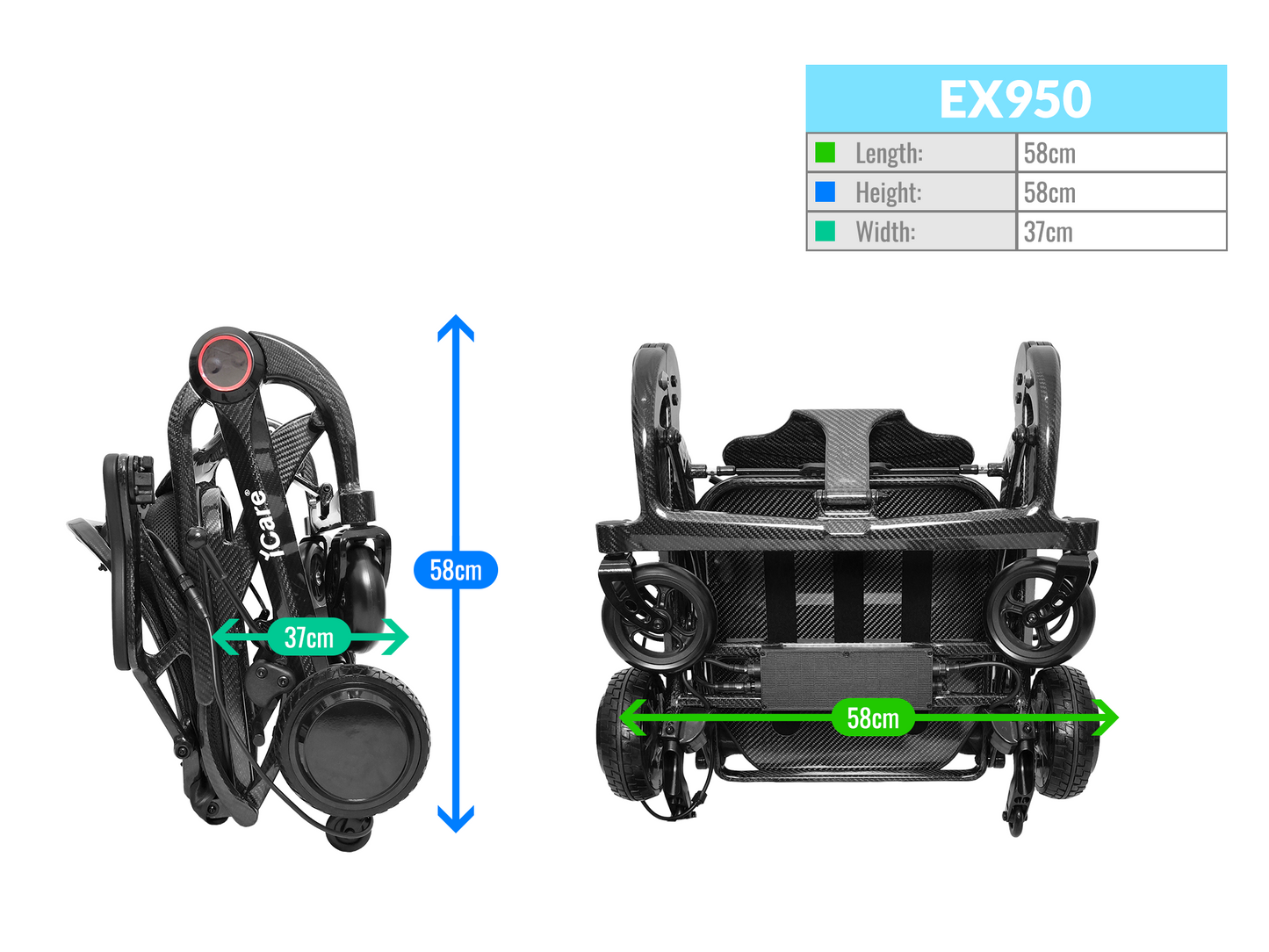 iCare EX950 Lightweight Foldable Electric Wheelchair with Carbon Fiber Frame with Removable Lithium Battery Aircraft Friendly