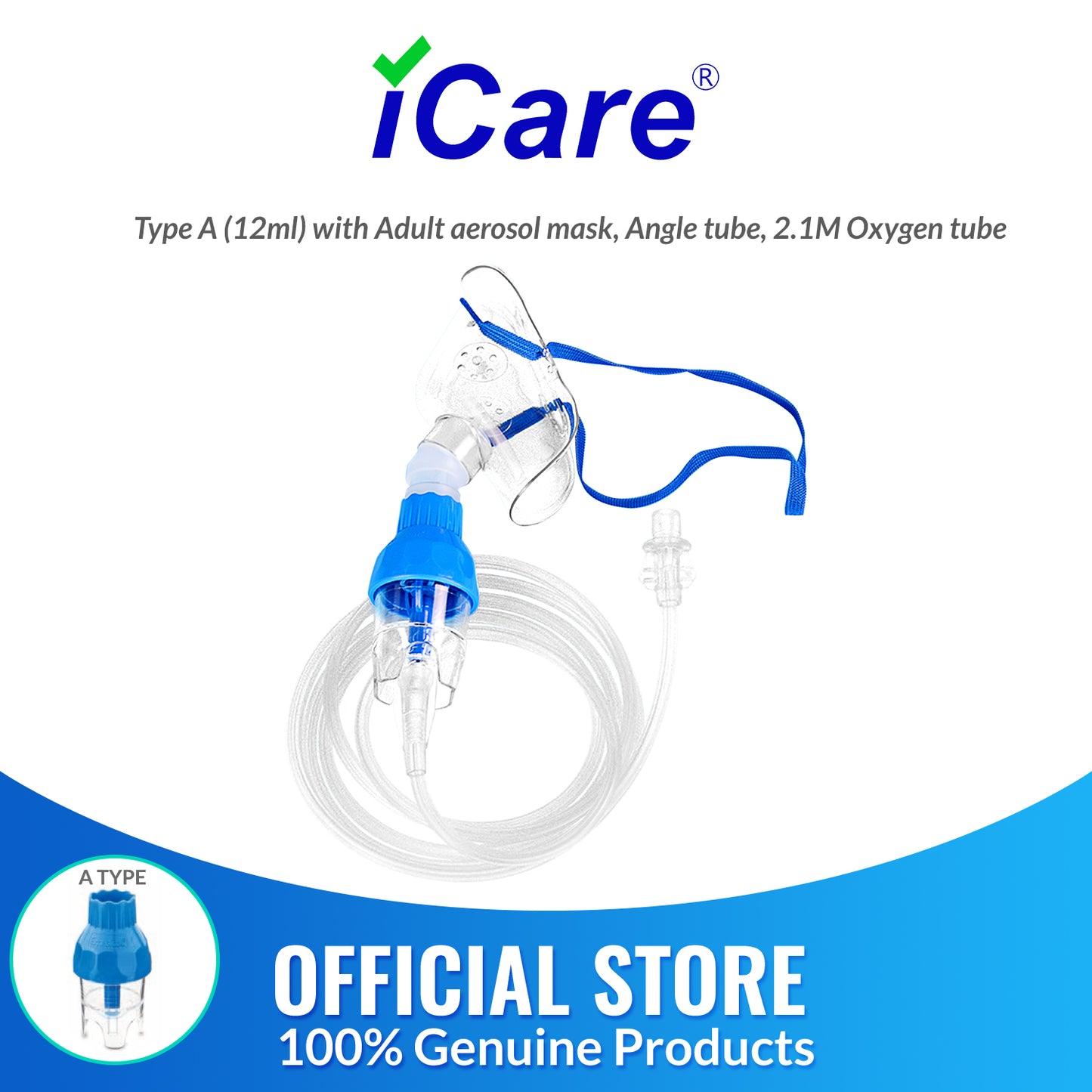 iCare® NM06-001 (12ml) Nebulizer Kit with Adult Aerosol Mask, 2.1m Oxygen Tube