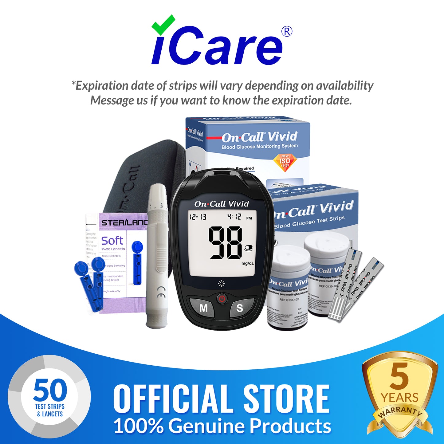 iCare® Vivid50 On Call Vivid Painless Blood Glucose Meter with 50 Test Strips and Lancets