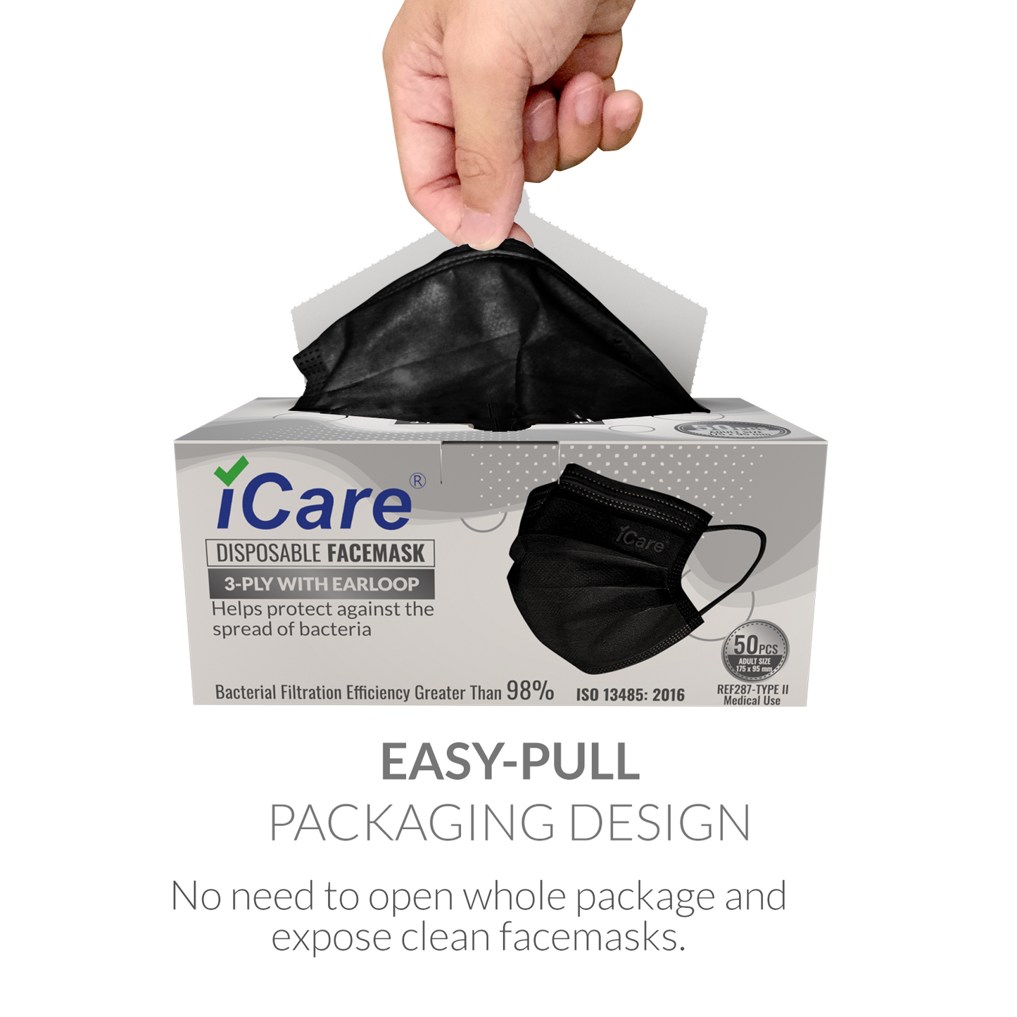 iCare® 5 Boxes(250pcs) REF287 Disposable Face Mask ( Type II For Medical Use) with Comfortable Elastic Earloop and Embedded Nose Clip Design, 3ply Breathable Melt-Blown and Non-Woven Fabric for Home, Office and Outdoor