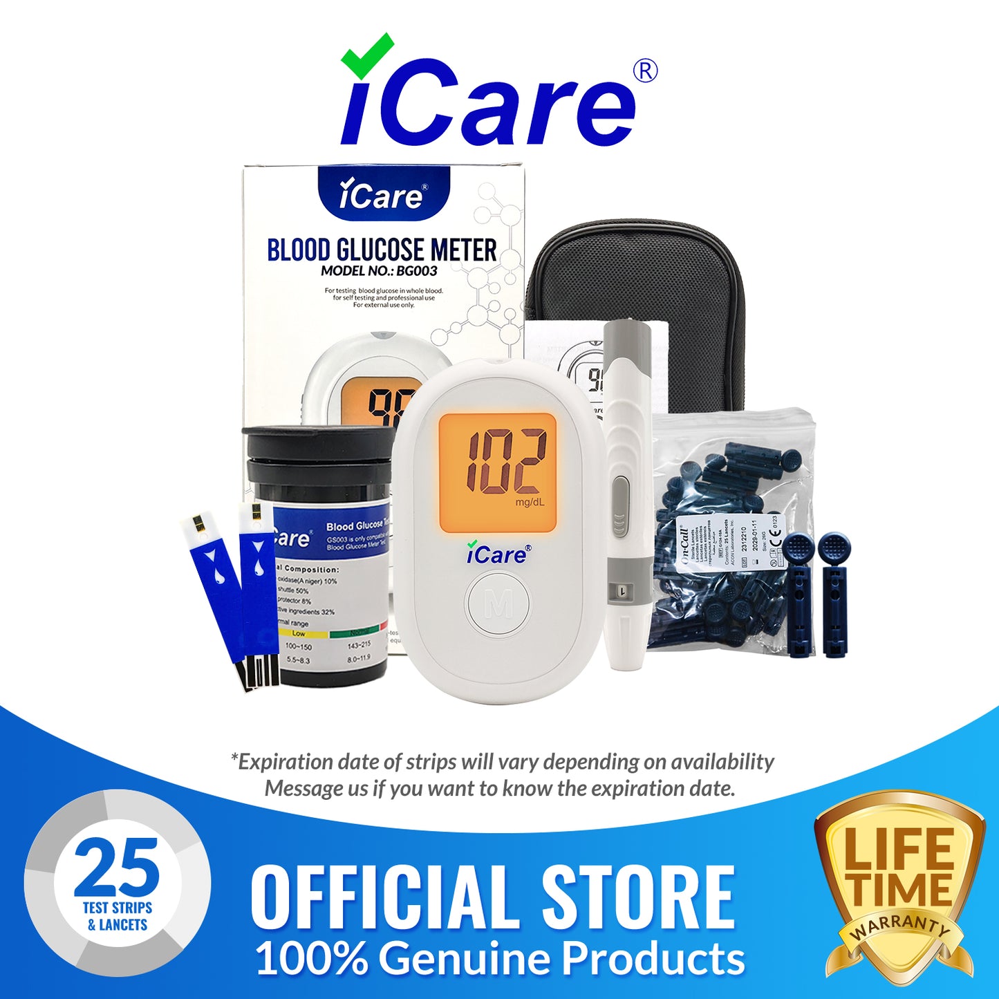 iCare BG003 Blood Glucose Monitor Complete set + 25pcs Test Strips & 25pcs Lancet