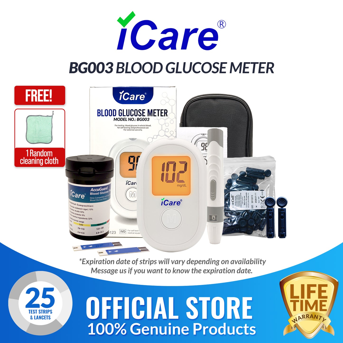 iCare BG003 Blood Glucose Monitor Complete set + 25pcs Test Strips & 25pcs Lancet