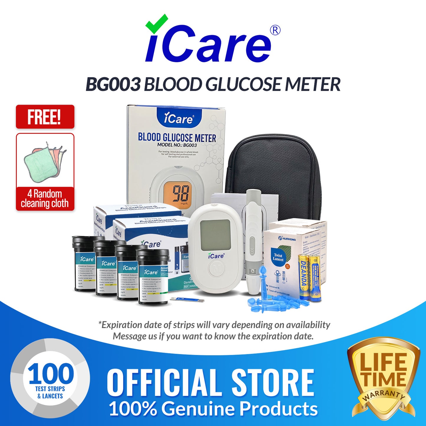 iCare BG003 Blood Glucose Monitor Complete set + 100pcs Test Strips & 100pcs Lancet