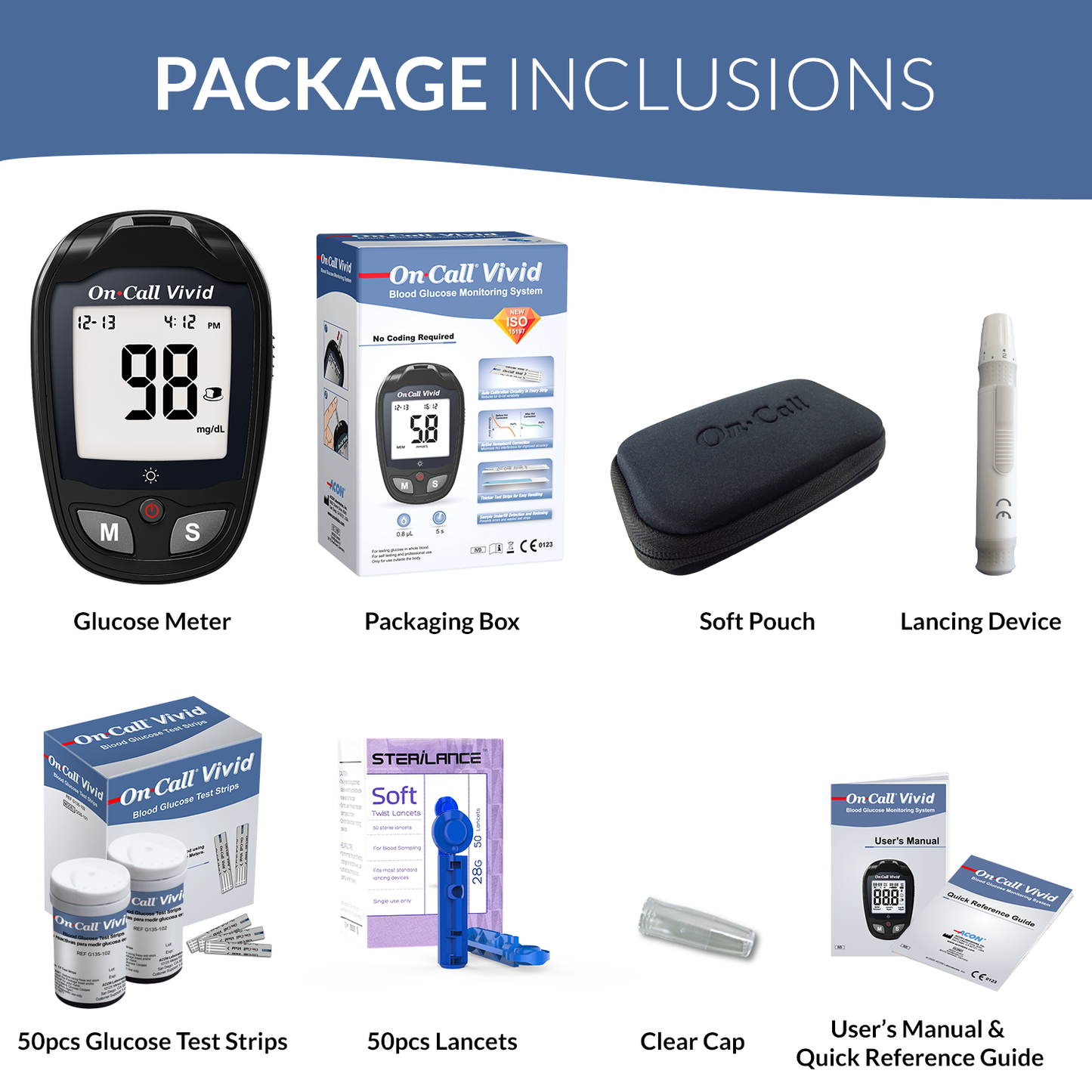 iCare® Vivid50 On Call Vivid Painless Blood Glucose Meter with 50 Test Strips and Lancets