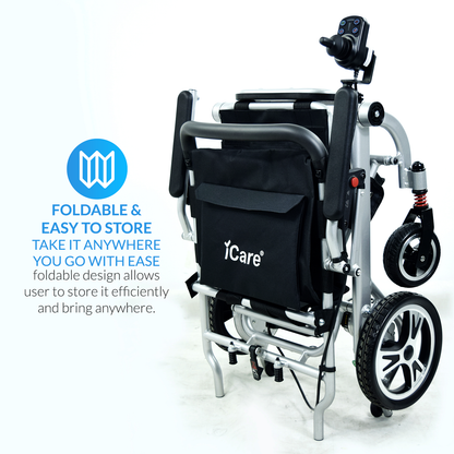 iCare® LUX860 Foldable Electric Wheelchair Aircraft-Grade Aluminum Frame (100kg Load Limit, 28kg Wheelchair Weight)