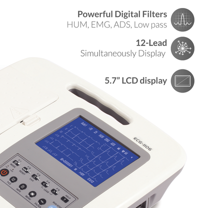 iCare® 1106G Monochrome Screen 6-Channel ECG Machine (Snap Button Type/Bulb & Clamp Type)