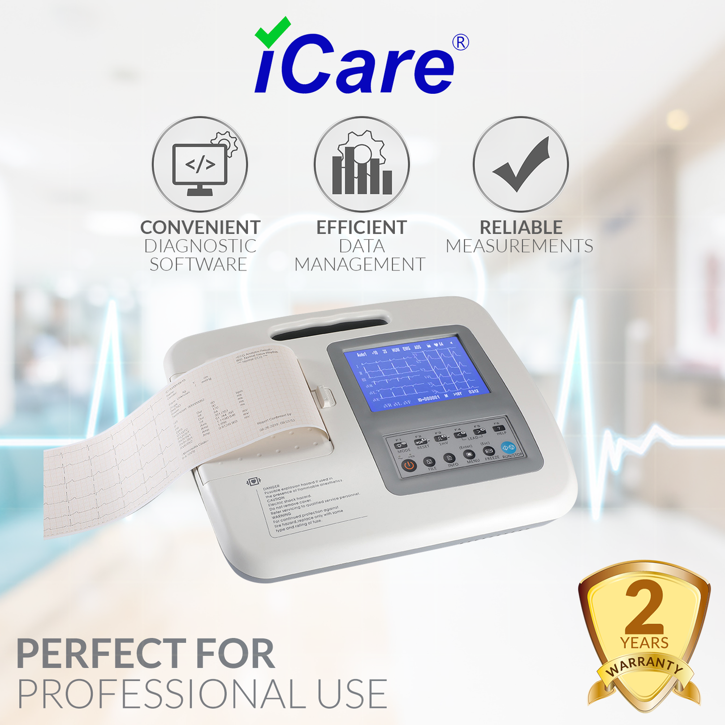 iCare® 1106G Monochrome Screen 6-Channel ECG Machine (Snap Button Type/Bulb & Clamp Type)