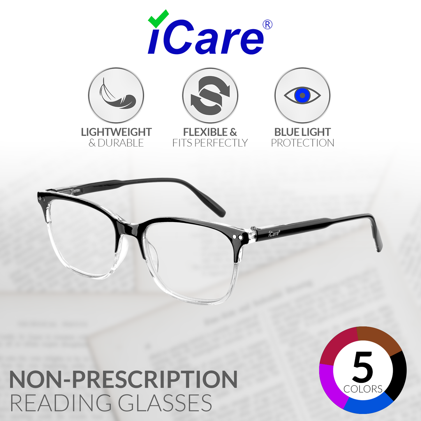 iCare® RG506 PC Frame Reading Glasses with Blue Light Protection for Men and Women