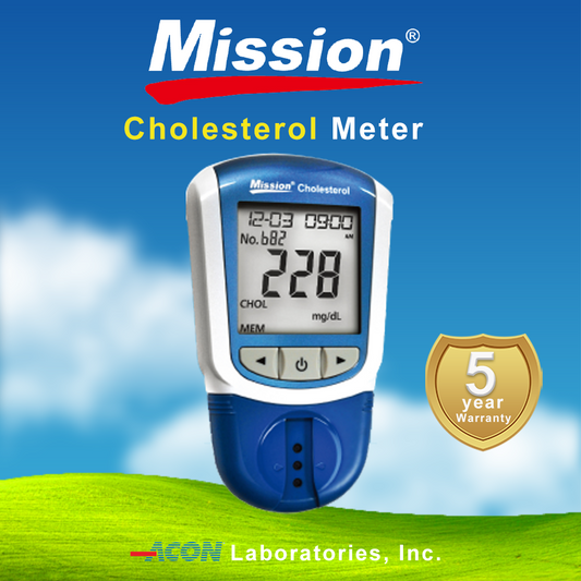 iCare Mission Cholesterol Meter for testing Total Cholesterol, High Density Lipoprotein, Triglycerides also includes Low Density Lipoprotein, CHOL/HDL ratio, and Cardiac Risk Assessment. ACON
